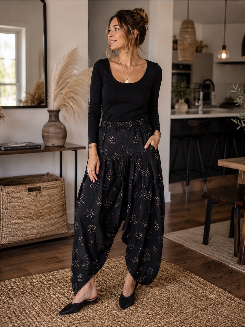 BOHO Black Printed Harem Pants 100% Cotton
